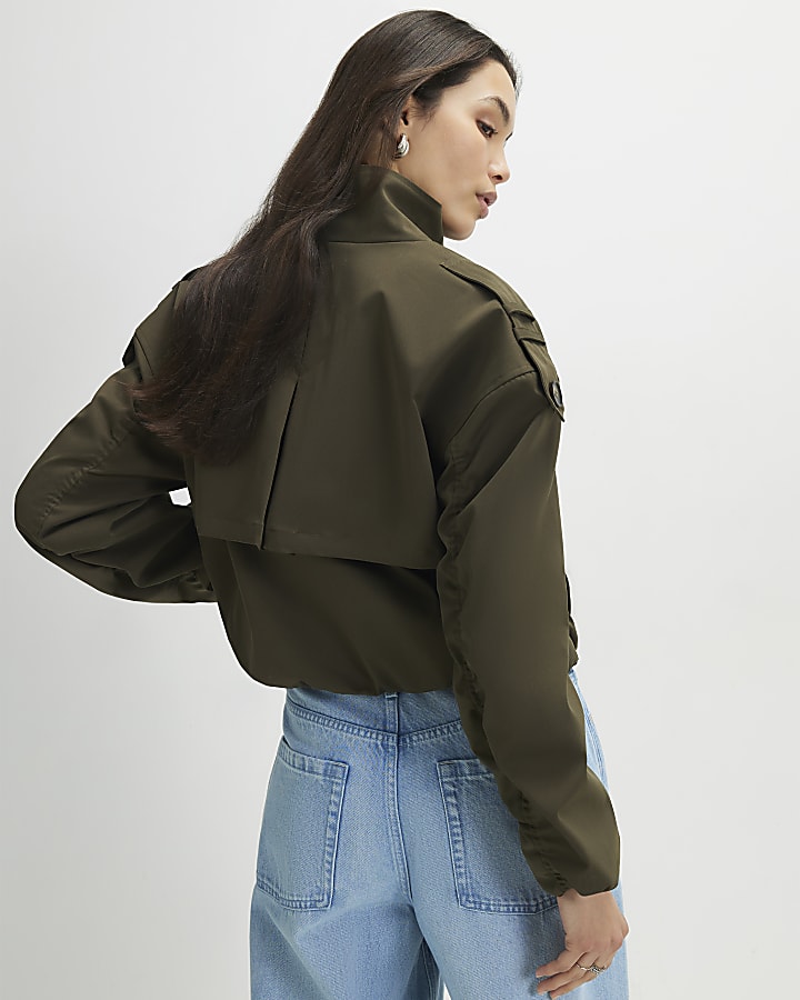 Khaki Funnel Neck Bubble Hem Trench Coat