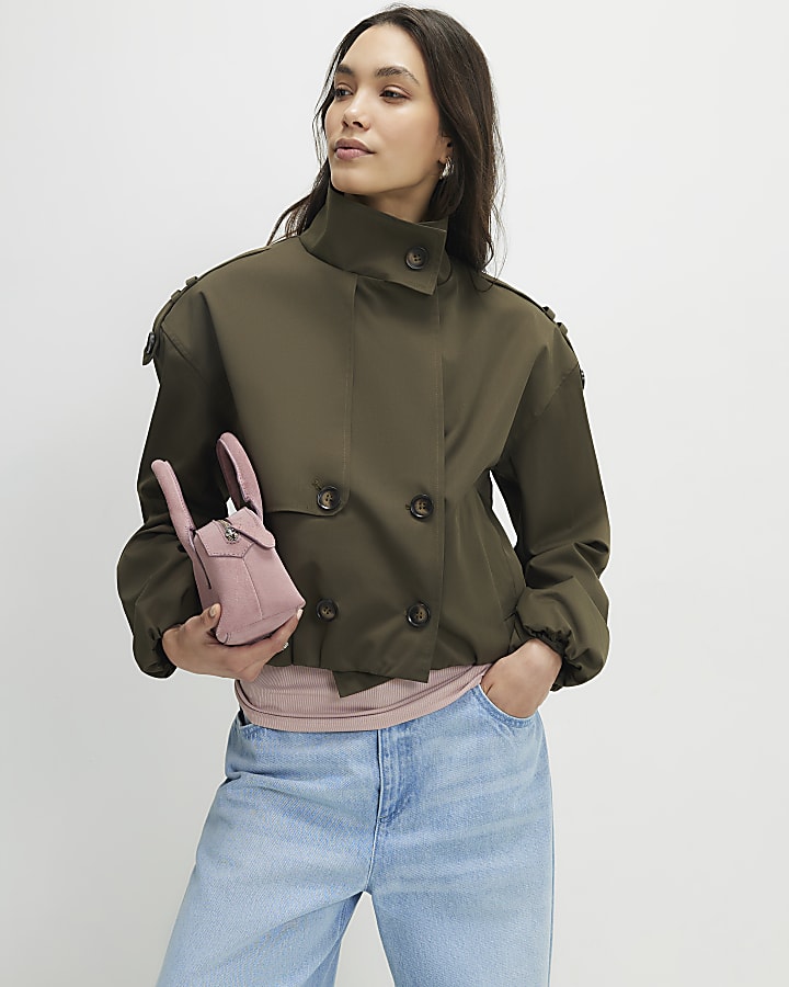 Khaki Funnel Neck Bubble Hem Trench Coat