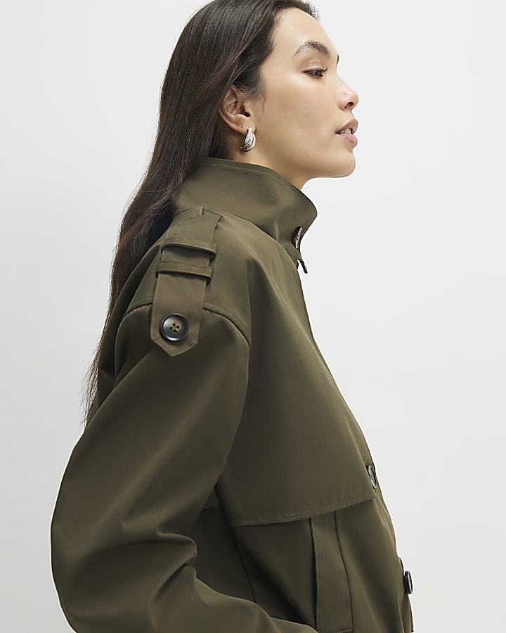 Khaki Funnel Neck Bubble Hem Trench Coat