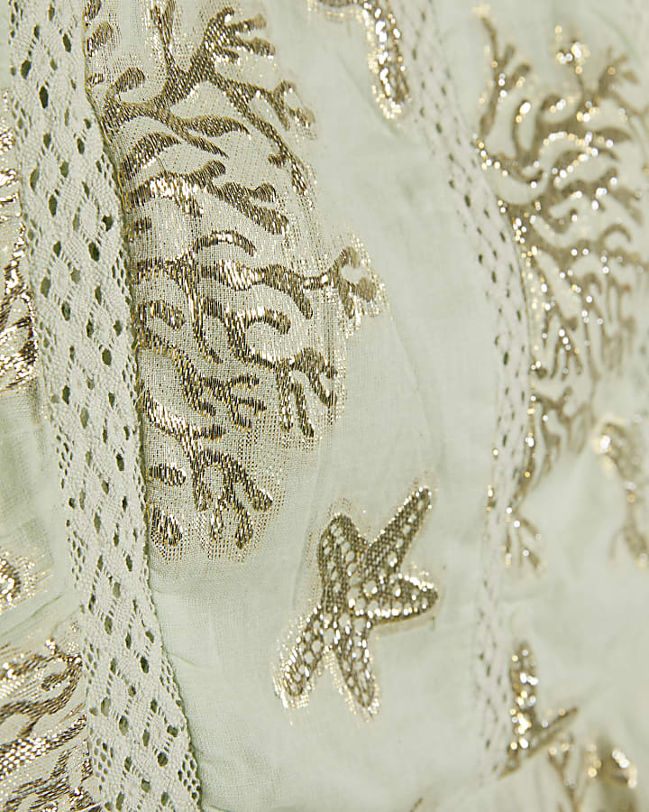 Green Sea Life Print Ruffle Sleeveless Top