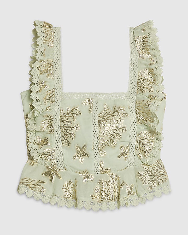Green Sea Life Print Ruffle Sleeveless Top