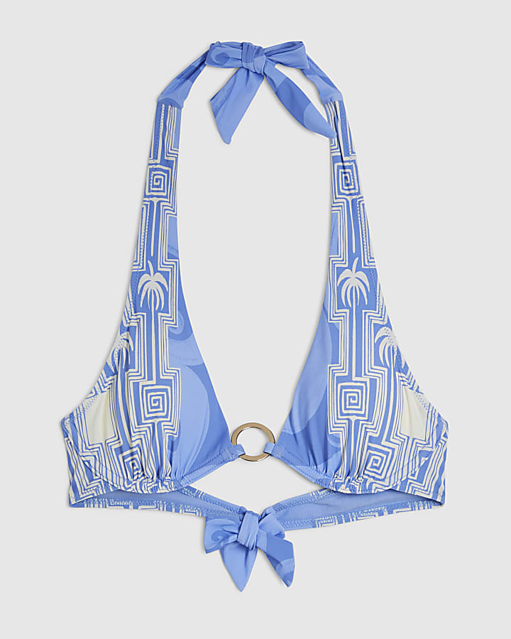 Blue Abstract Print Plunge Neck Bikini Top