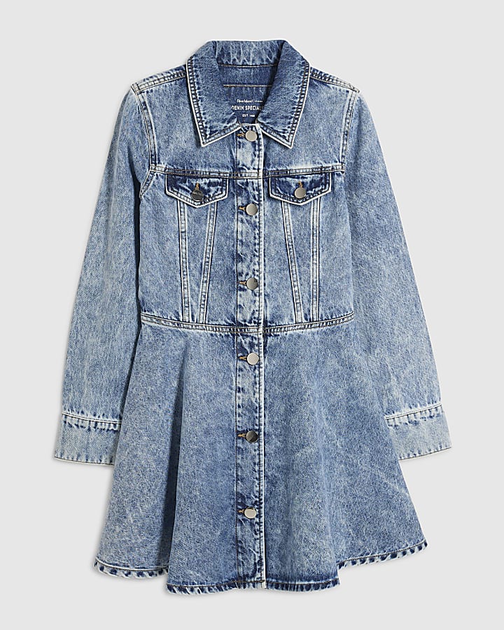 Blue Long Sleeve Denim Mini Shirt Dress