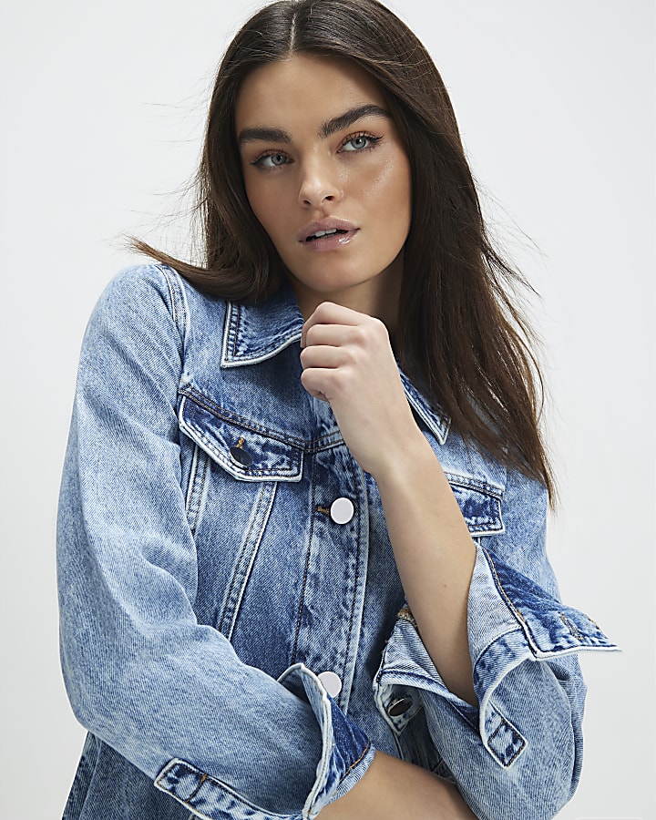 Blue Long Sleeve Denim Mini Shirt Dress