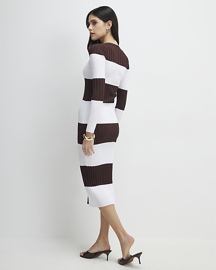 Brown Knitted Striped Midi Dress