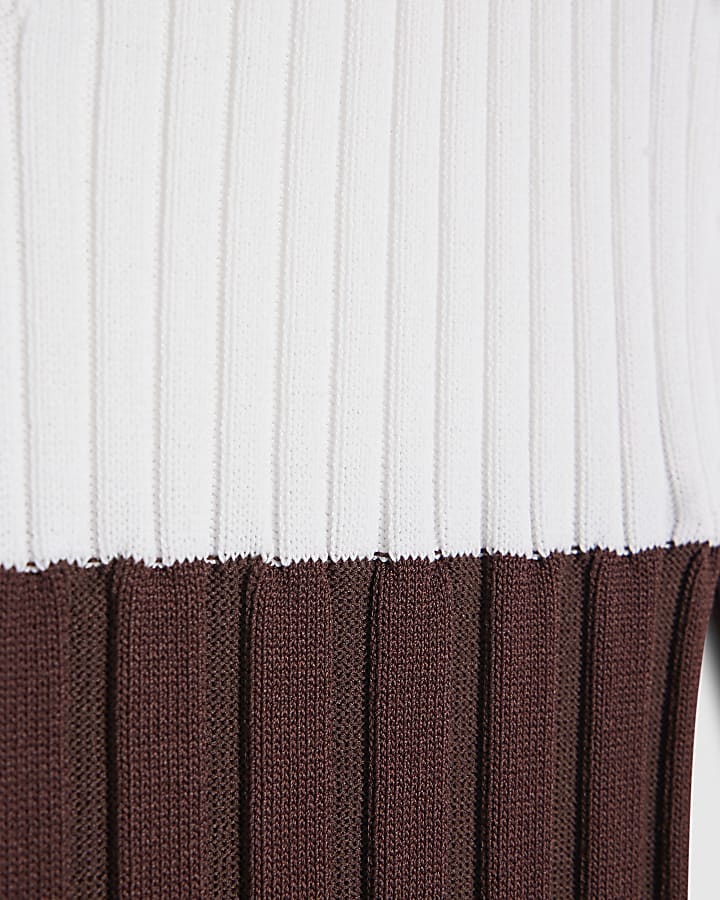 Brown Knitted Striped Midi Dress