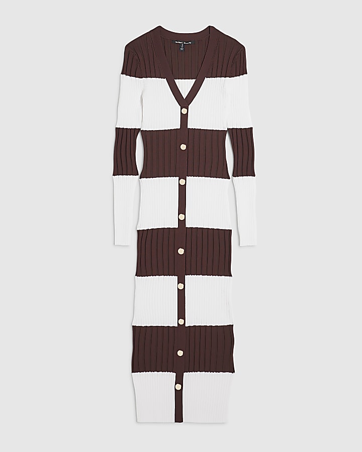 Brown Knitted Striped Midi Dress