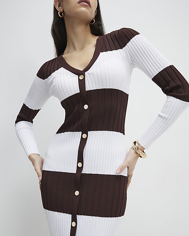 Brown Knitted Striped Midi Dress