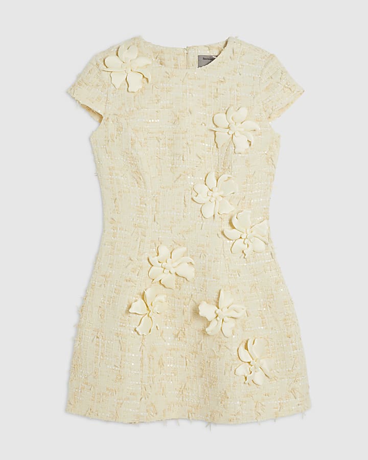 Yellow 3D Flower Boucle Mini Dress