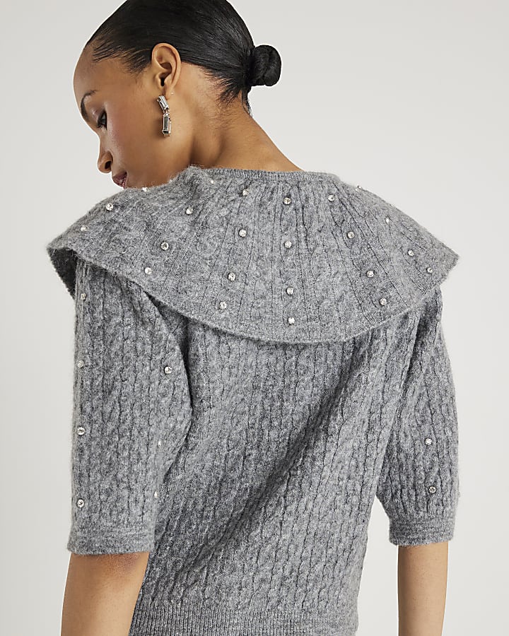 Grey Knit Collared Diamante Cardigan