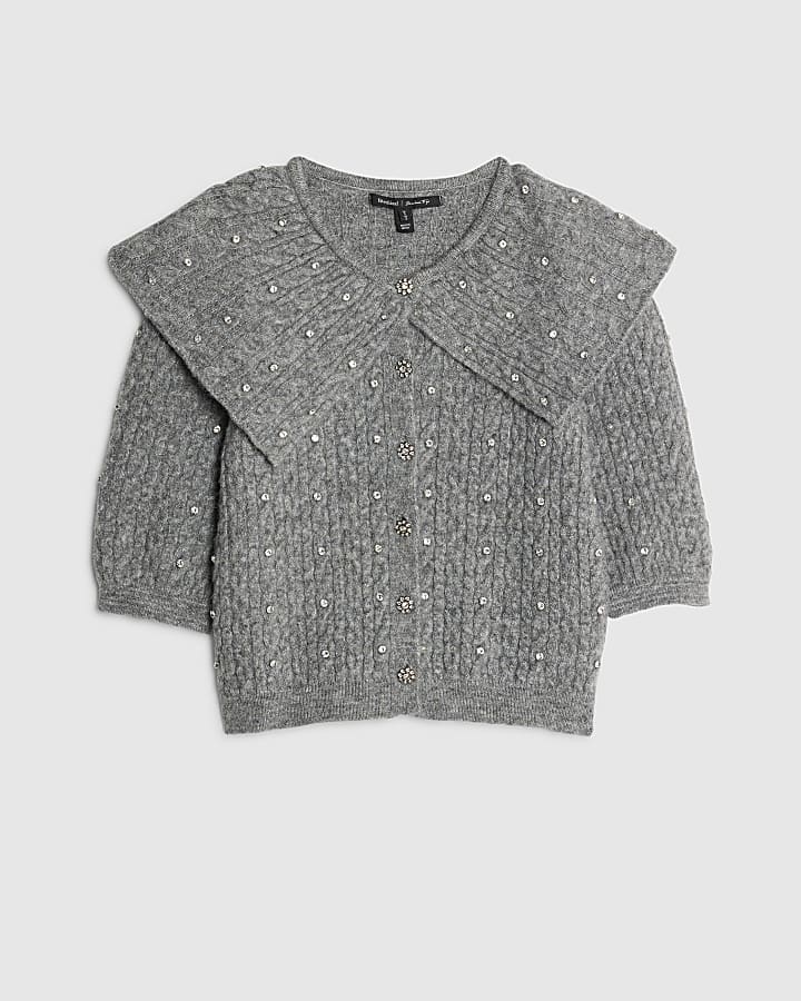 Grey Knit Collared Diamante Cardigan