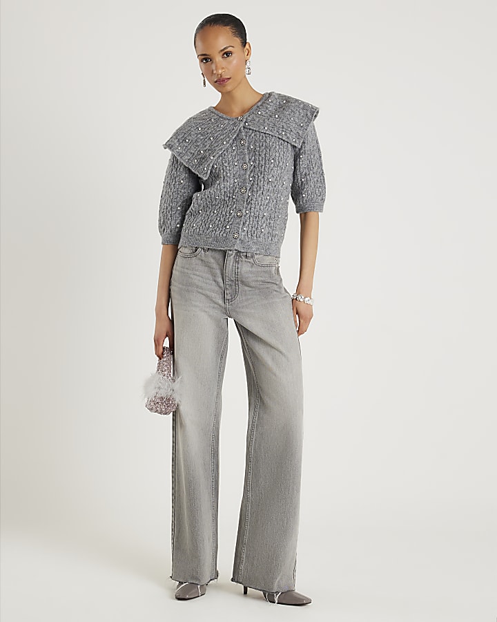 Grey Knit Collared Diamante Cardigan