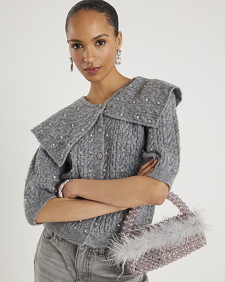 Grey Knit Collared Diamante Cardigan