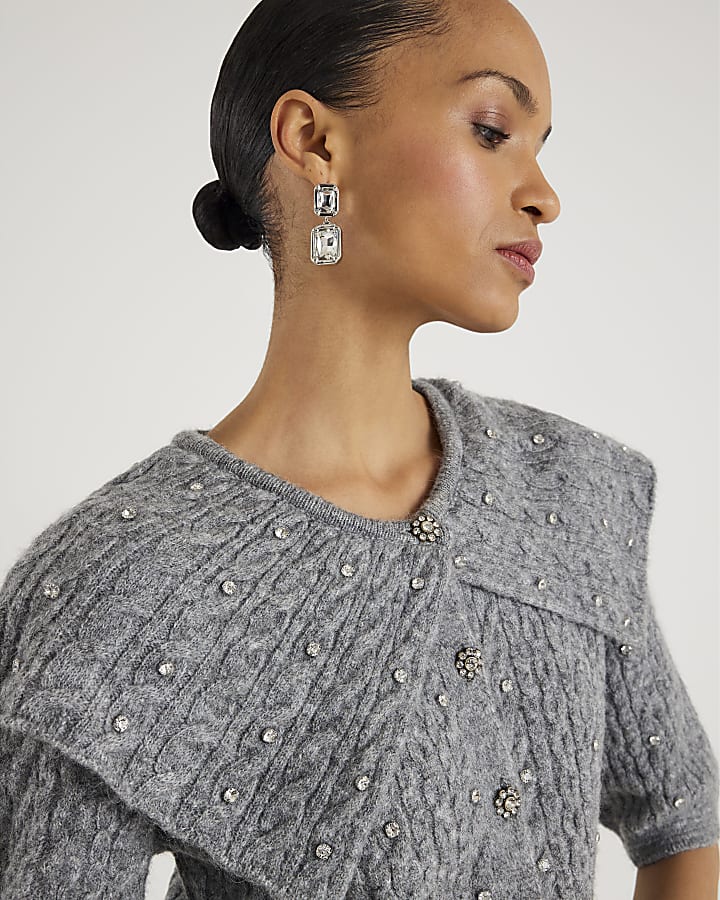 Grey Knit Collared Diamante Cardigan