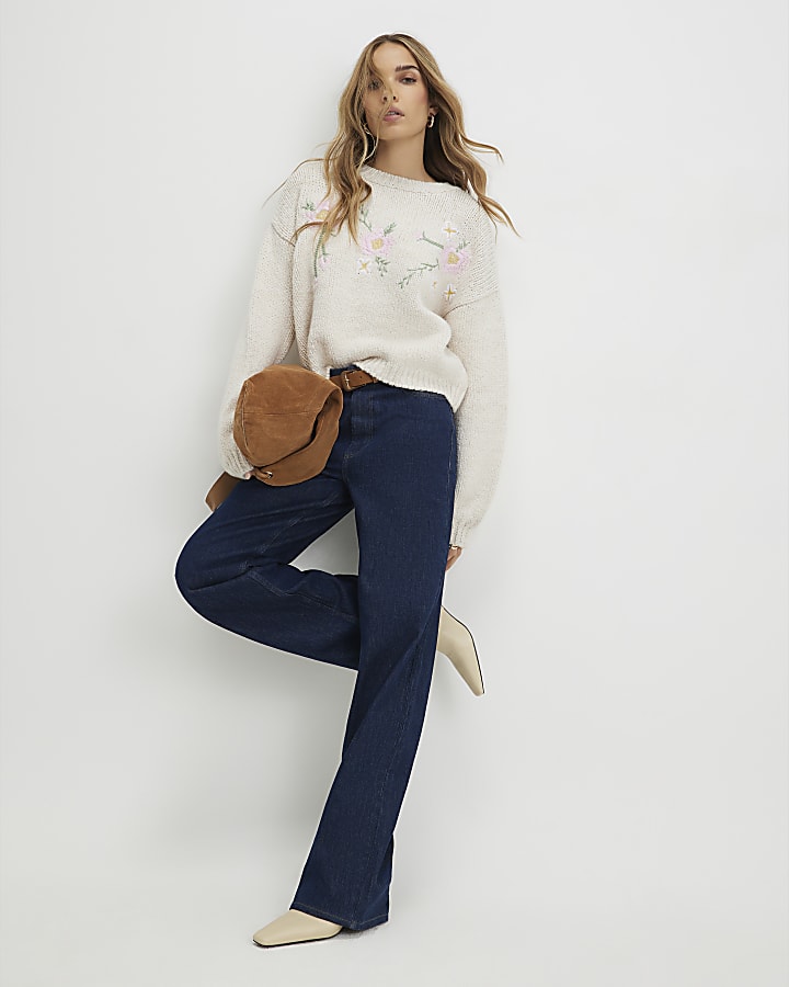 Cream Long Sleeve Embroidered Flower Jumper