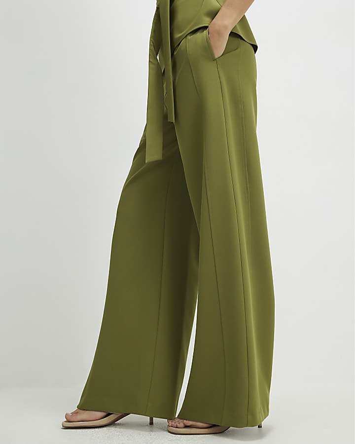 Khaki Tailored Wide Leg Trousers
