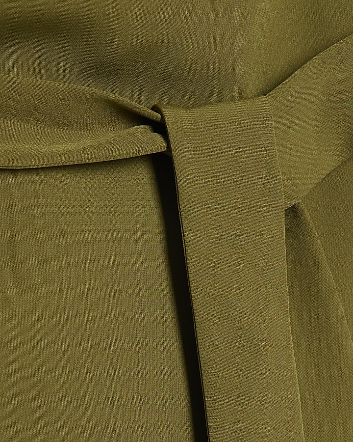 Khaki Short Sleeve Tie Waist Tailored Top