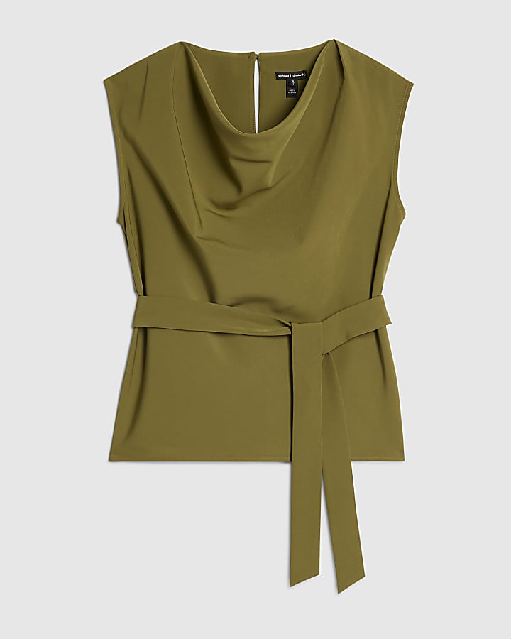 Khaki Short Sleeve Tie Waist Tailored Top