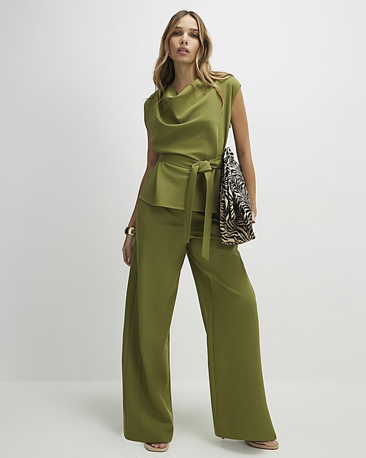 Khaki Short Sleeve Tie Waist Tailored Top