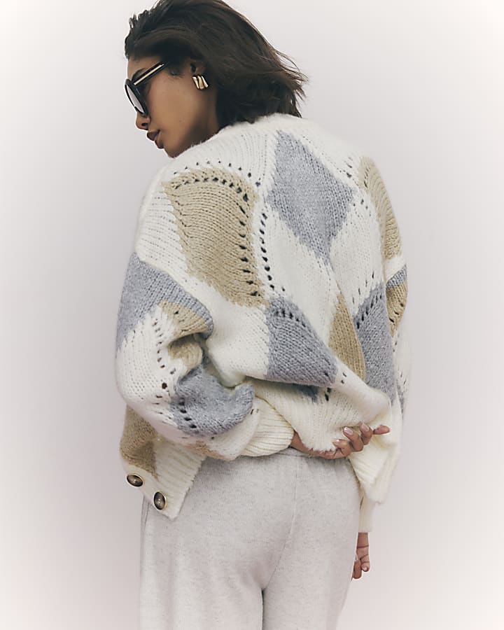 Cream Argyle Chunky Knitted Cardigan