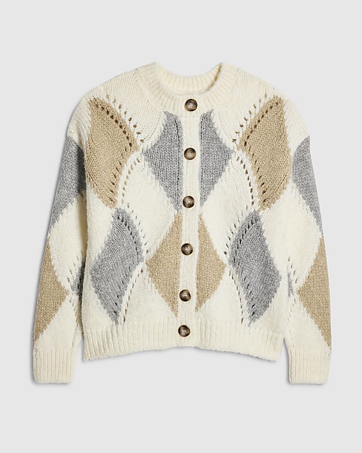 Cream Argyle Chunky Knitted Cardigan