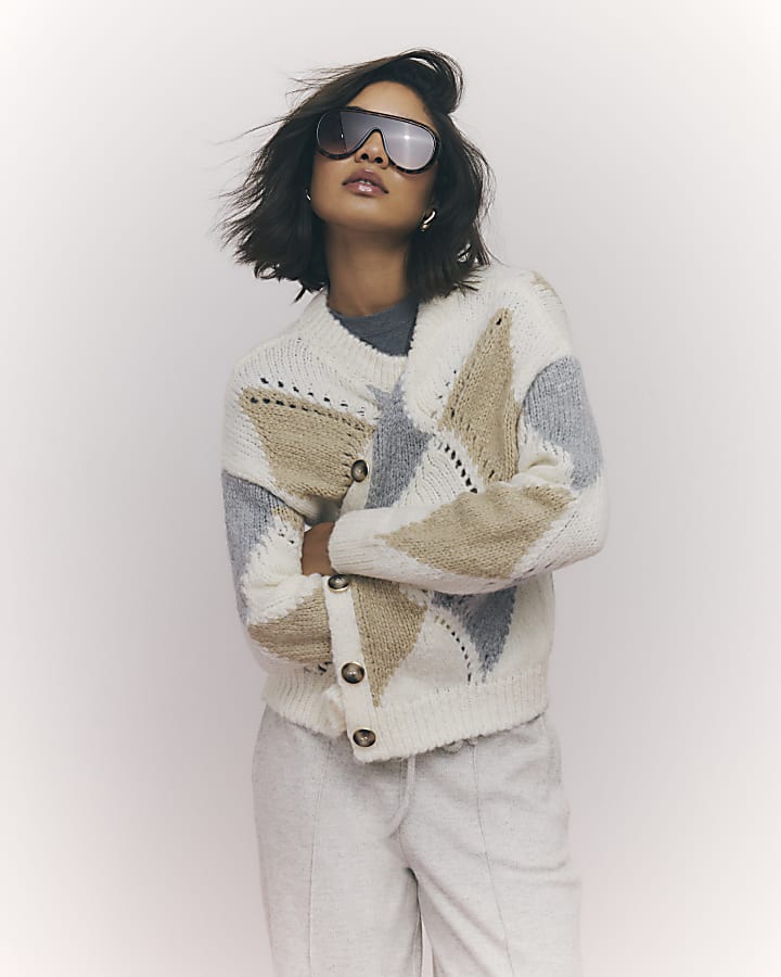 Cream Argyle Chunky Knitted Cardigan
