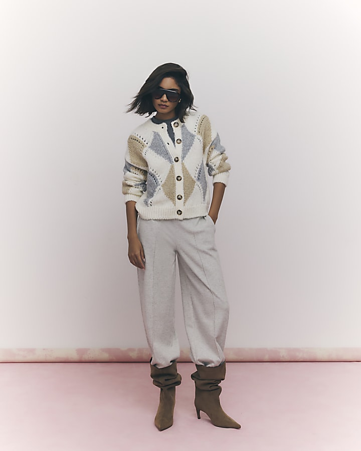 Cream Argyle Chunky Knitted Cardigan