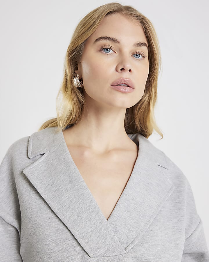 Grey V Neck Collared Sweatshirt