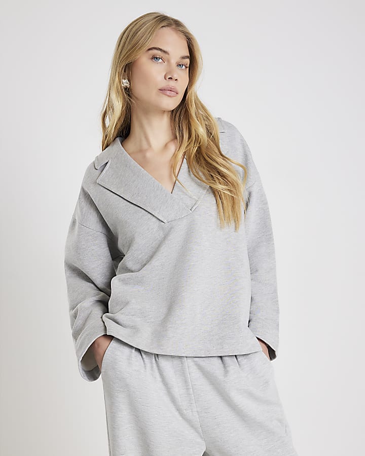 Grey V Neck Collared Sweatshirt