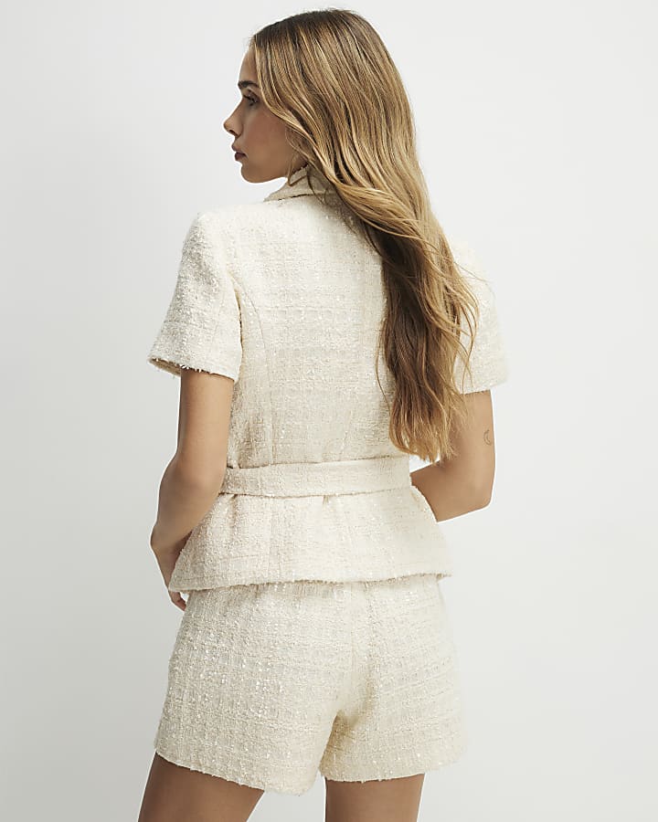 Cream Front Pocket Boucle Shorts