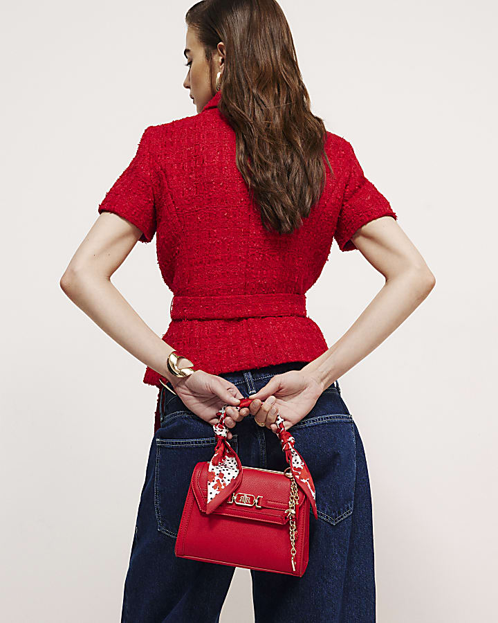 Red Boucle Collared Belted Top