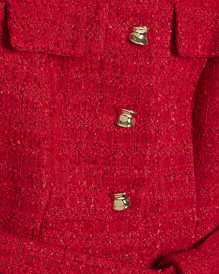Red Boucle Collared Belted Top