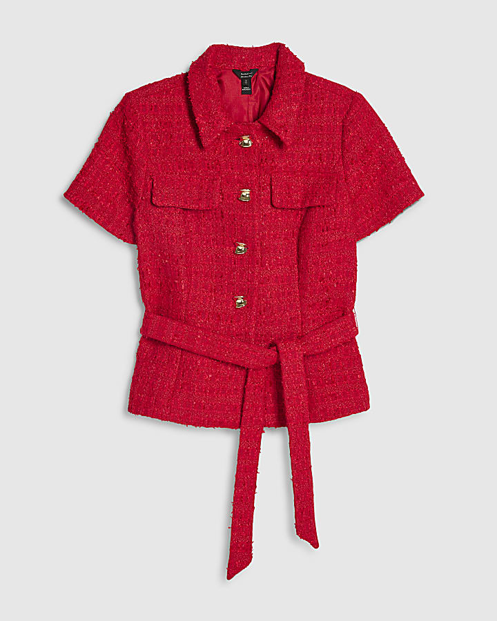 Red Boucle Collared Belted Top
