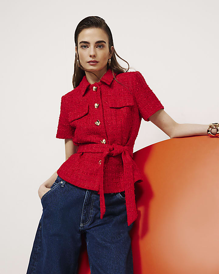 Red Boucle Collared Belted Top