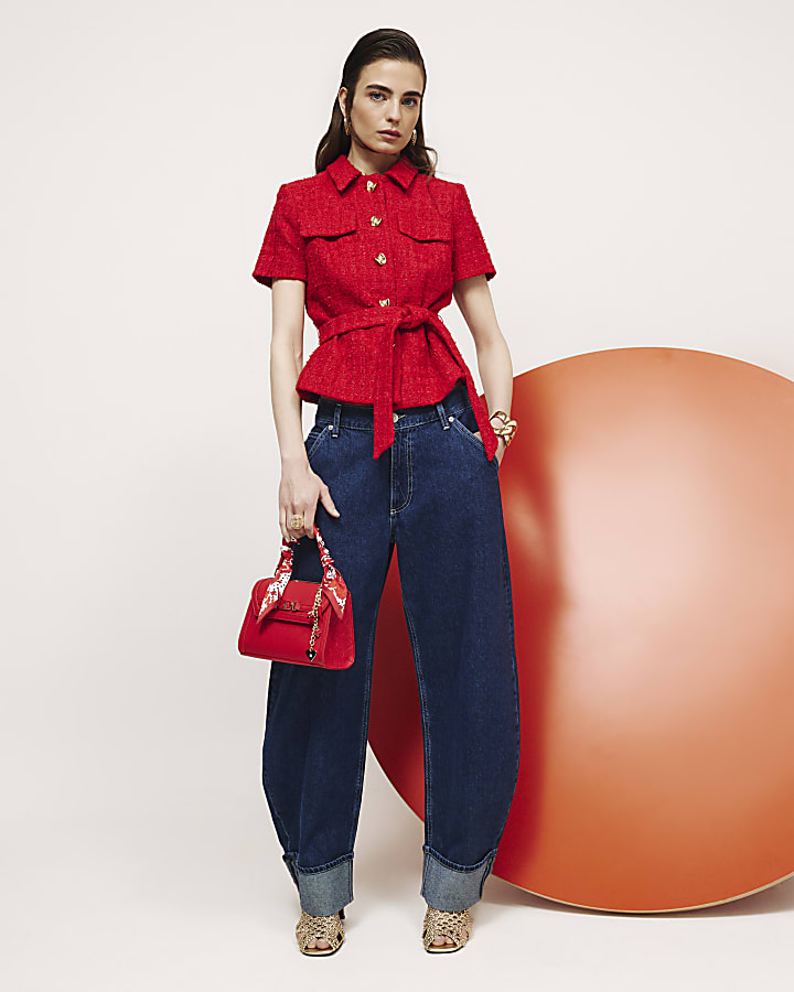 Red Boucle Collared Belted Top