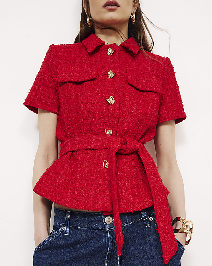 Red Boucle Collared Belted Top
