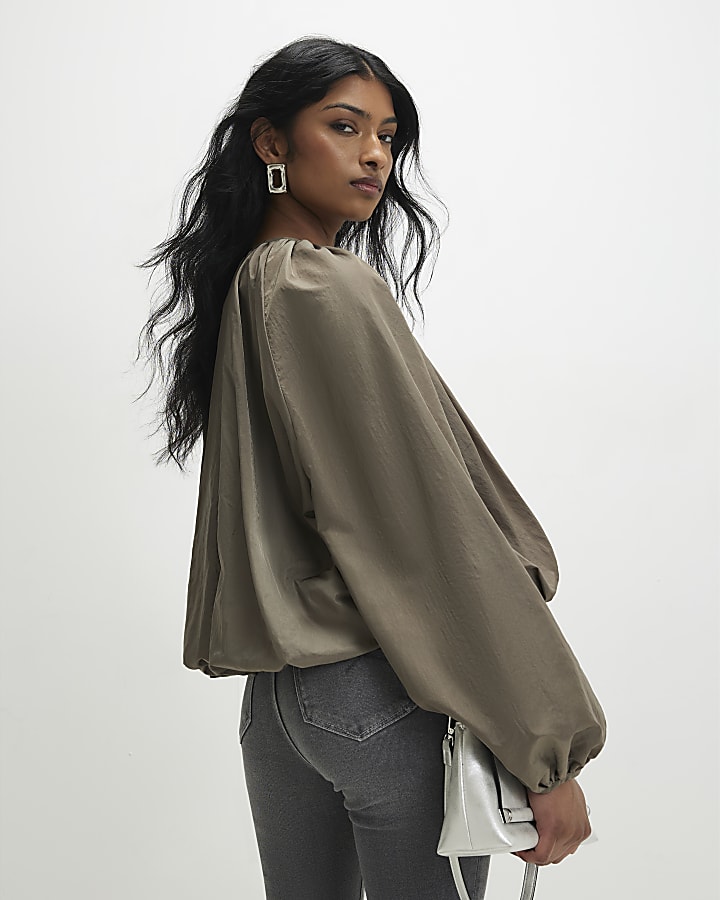 Khaki Puff Sleeve Zip Through Jacket