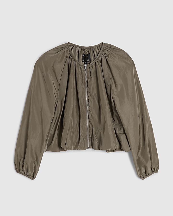 Khaki Puff Sleeve Zip Through Jacket