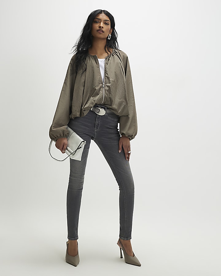 Khaki Puff Sleeve Zip Through Jacket