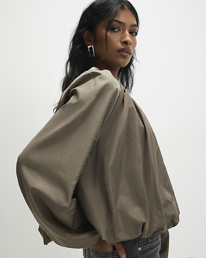 Khaki Puff Sleeve Zip Through Jacket