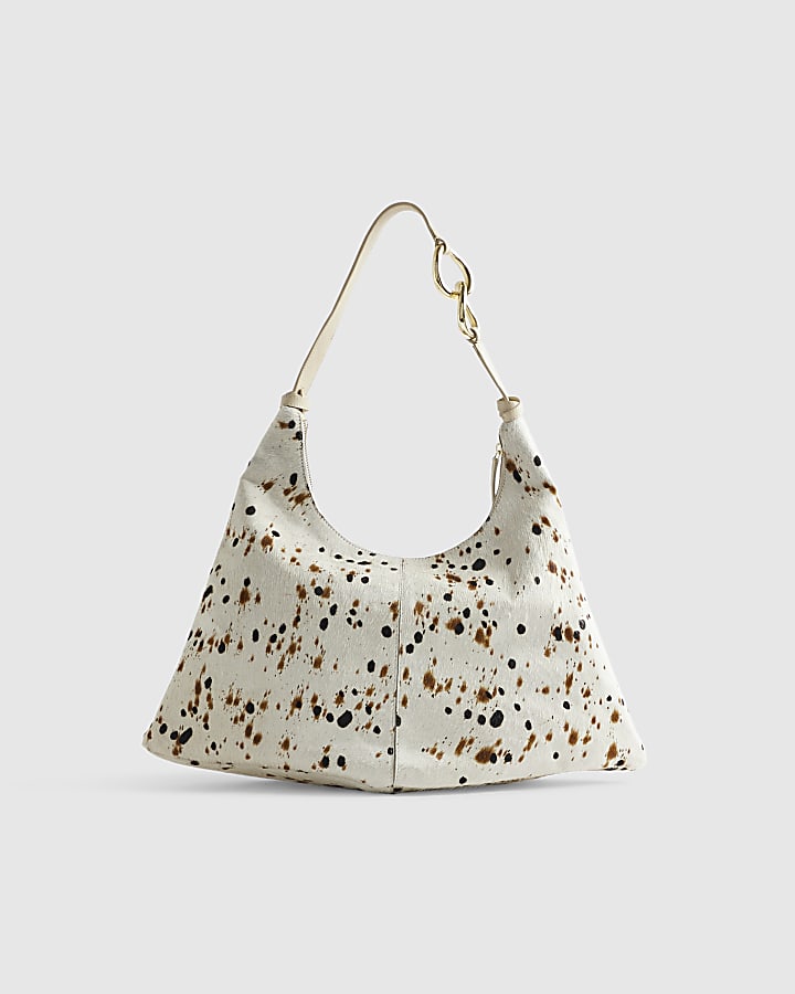 Cream Chain Link Handle Leather Slouch Bag