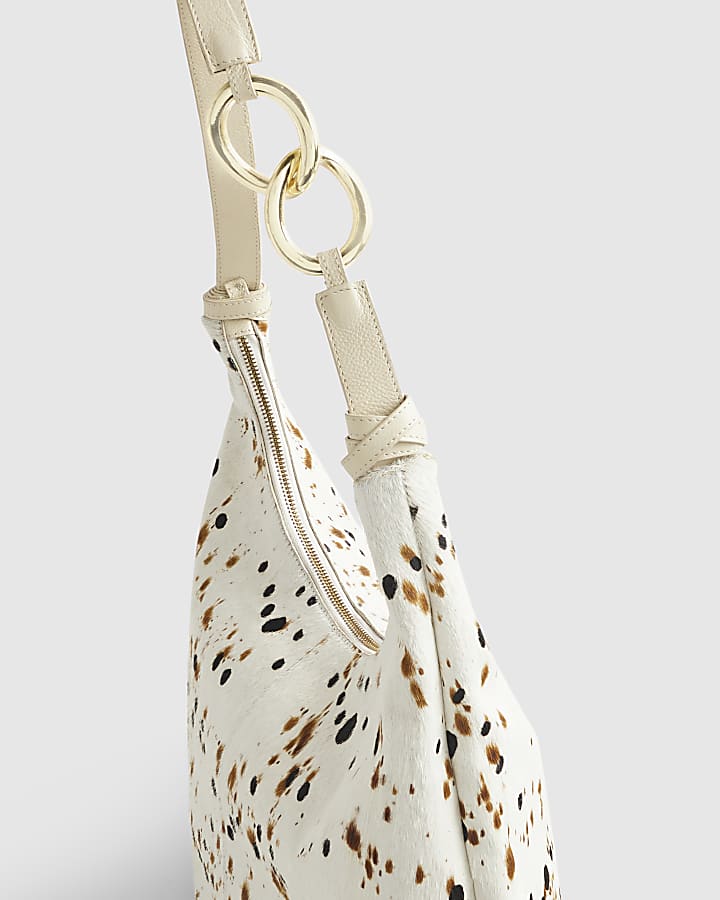 Cream Chain Link Handle Leather Slouch Bag