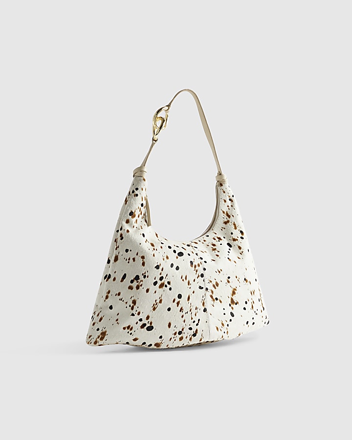 Cream Chain Link Handle Leather Slouch Bag