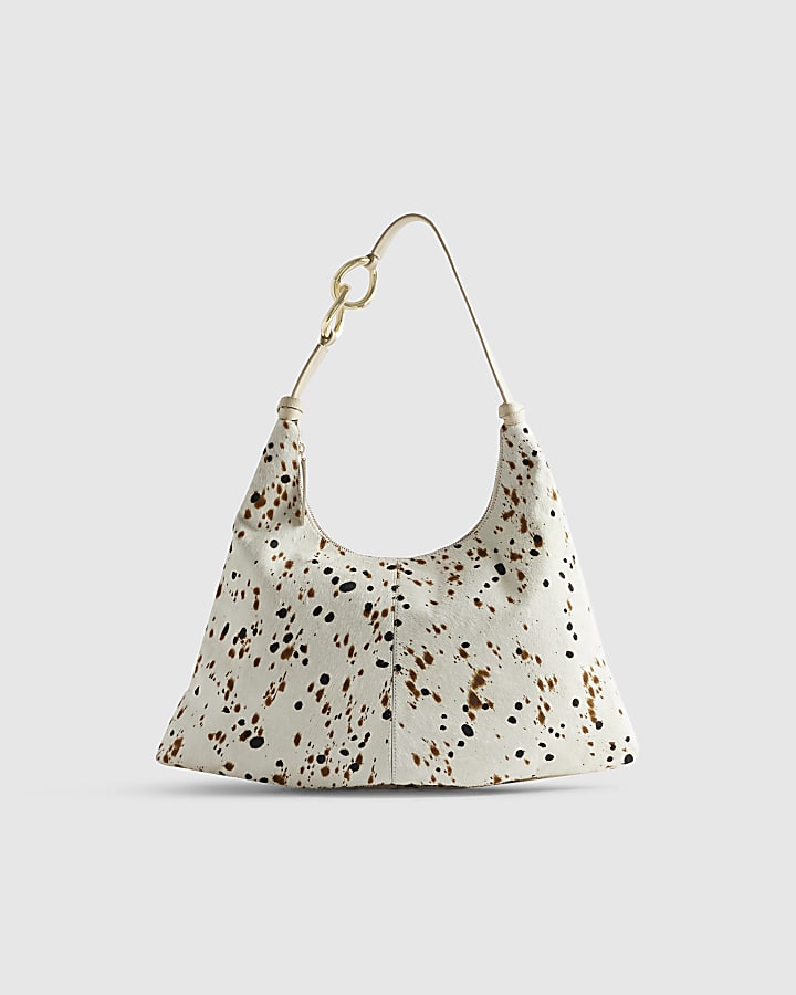 Cream Cow Print Pony Hair Leather Slouch Bag