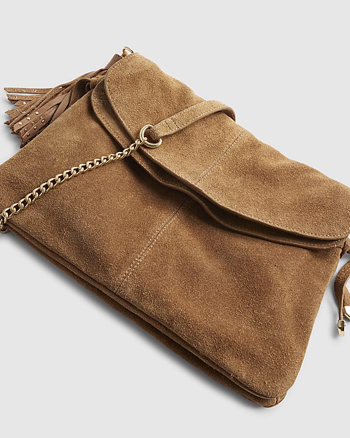 Brown Suede Tassel Chain Shoulder Bag