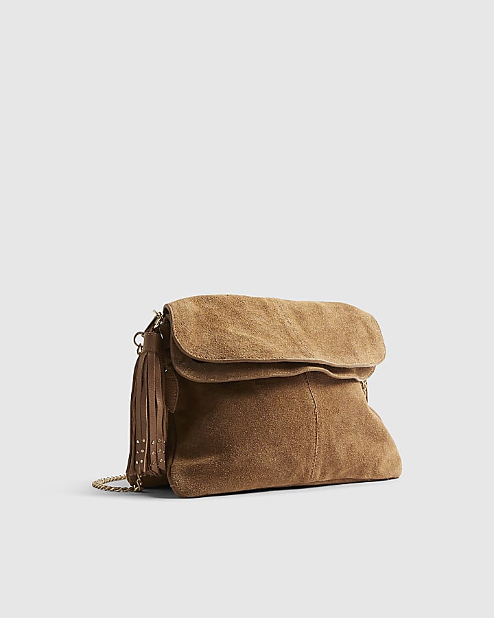 Brown Suede Tassel Chain Shoulder Bag