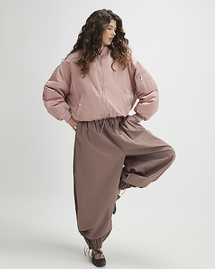 Pink Oversized Ruched Hem Bomber Jacket