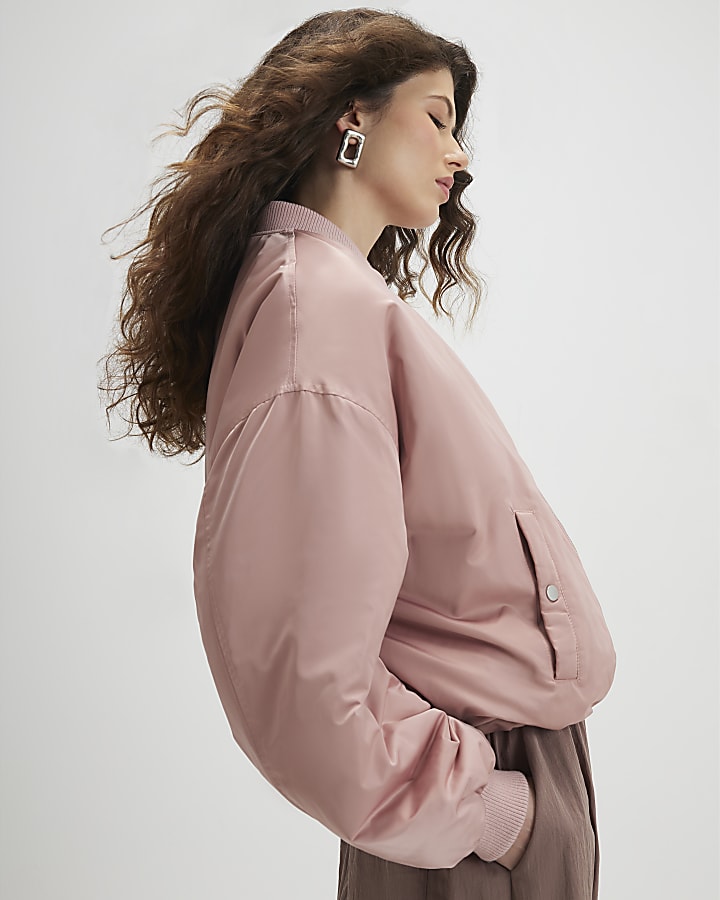 Pink Oversized Ruched Hem Bomber Jacket