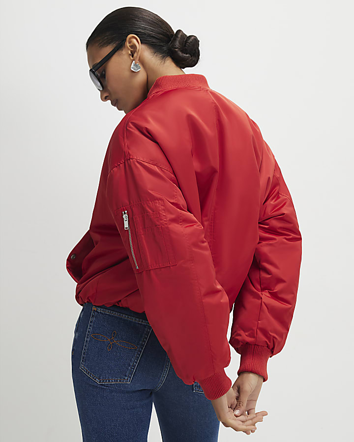 Red Oversized Ruched Hem Bomber Jacket