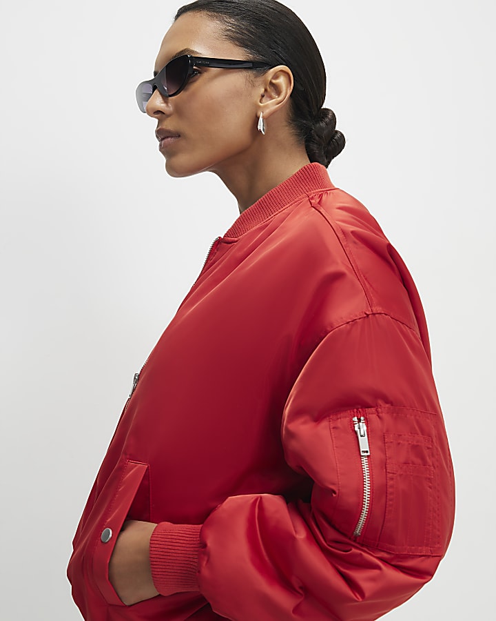 Red Oversized Ruched Hem Bomber Jacket